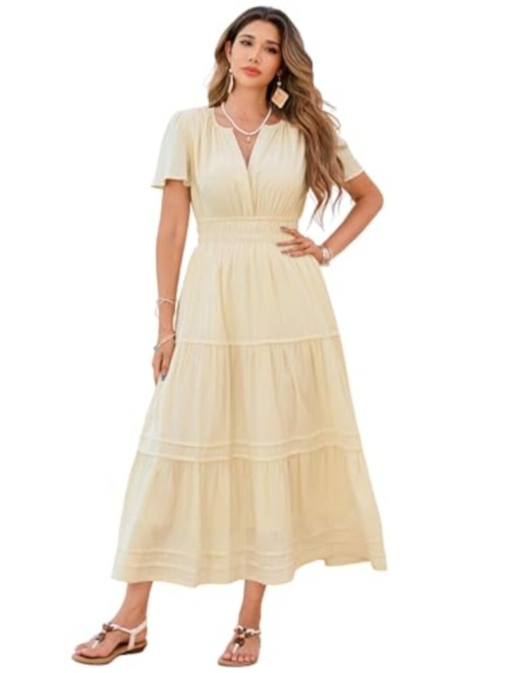 100% Cotton Embroidered Midi Dress Short Sleeve V-Neck Smocked Waist A-Line